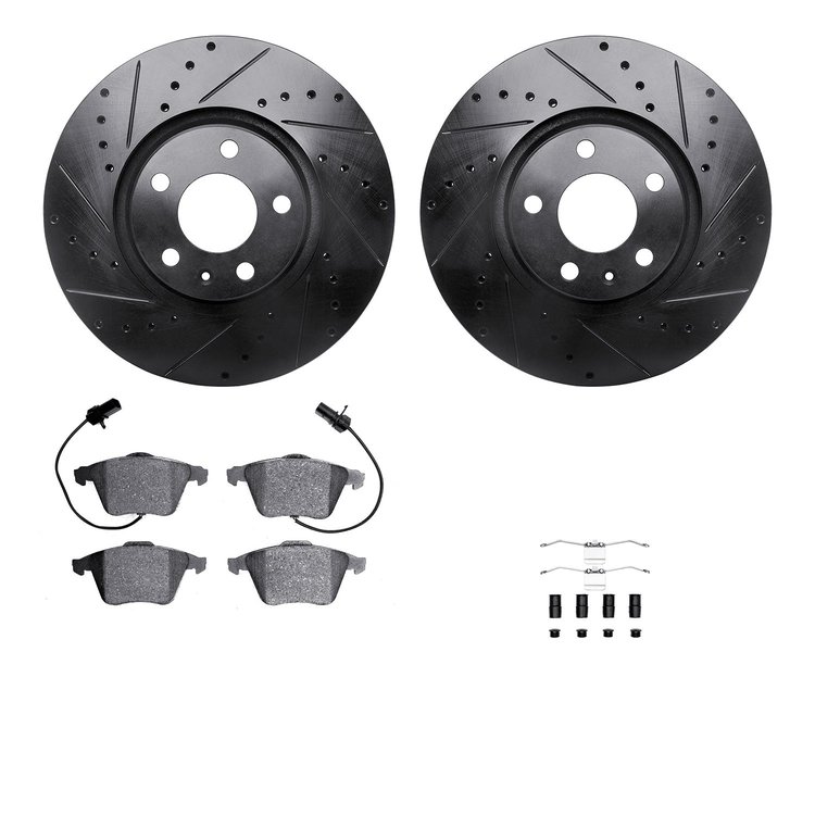 8312-73053 Drilled/Slotted Brake Rotors with 3000-Series Ceramic Brake Pads Kit & Hardware [Black], 2005-2011 Audi/Volkswagen, P