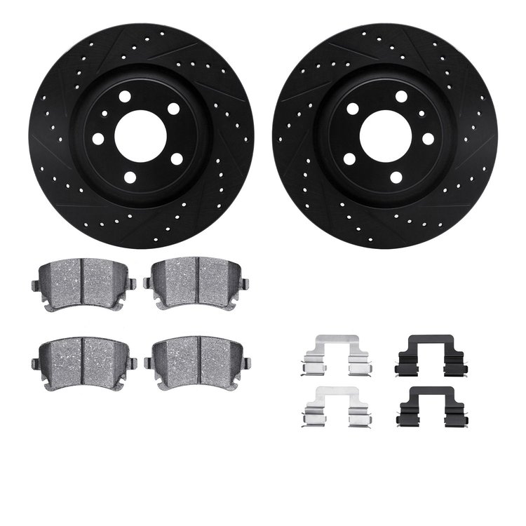 8312-73054 Drilled/Slotted Brake Rotors with 3000-Series Ceramic Brake Pads Kit & Hardware [Black], 2004-2009 Audi/Volkswagen, P