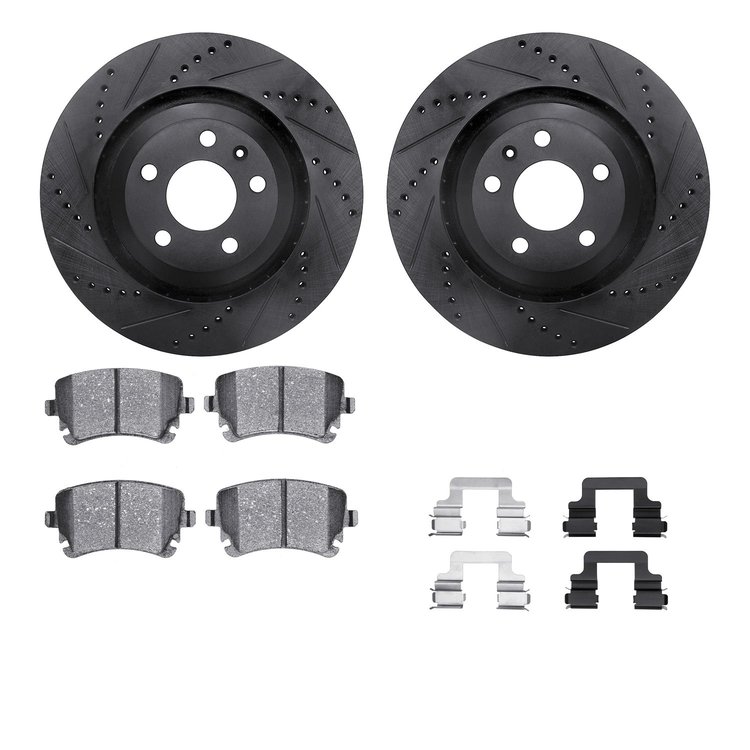 8312-73055 Drilled/Slotted Brake Rotors with 3000-Series Ceramic Brake Pads Kit & Hardware [Black], 2005-2011 Audi/Volkswagen, P