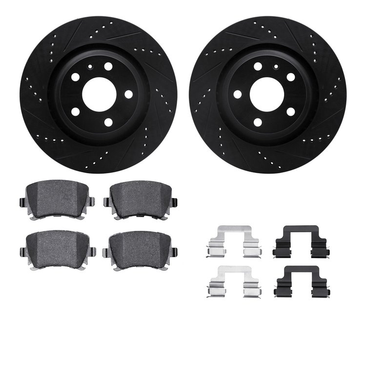 8312-73056 Drilled/Slotted Brake Rotors with 3000-Series Ceramic Brake Pads Kit & Hardware [Black], 2008-2015 Audi/Volkswagen, P