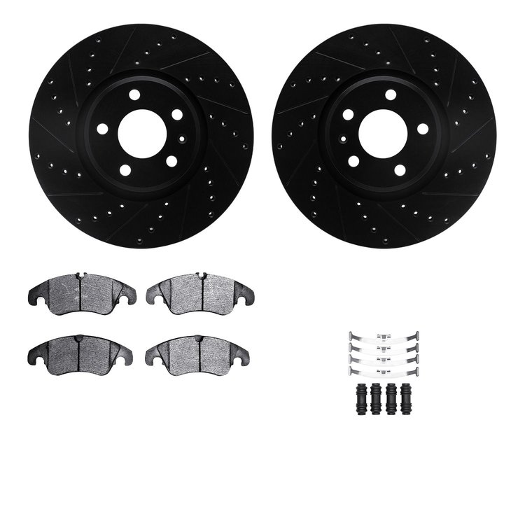 8312-73064 Drilled/Slotted Brake Rotors with 3000-Series Ceramic Brake Pads Kit & Hardware [Black], 2012-2017 Audi/Volkswagen, P