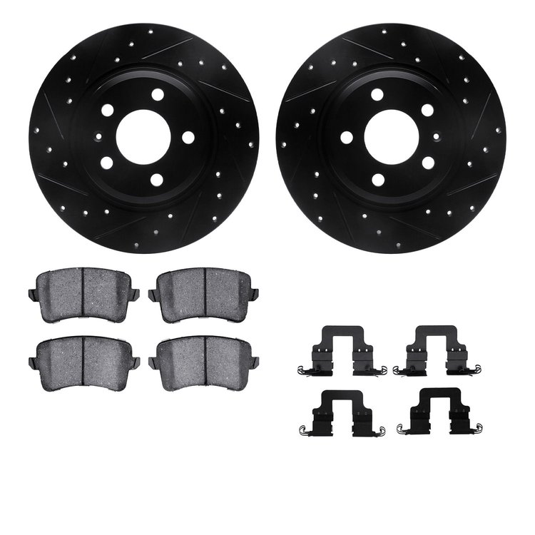 8312-73069 Drilled/Slotted Brake Rotors with 3000-Series Ceramic Brake Pads Kit & Hardware [Black], 2008-2017 Audi/Volkswagen, P