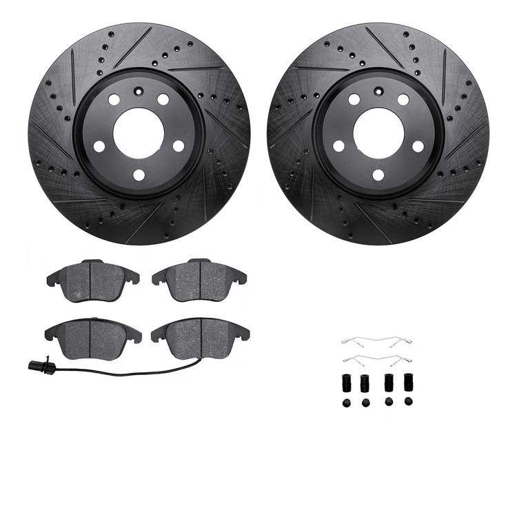 8312-73070 Drilled/Slotted Brake Rotors with 3000-Series Ceramic Brake Pads Kit & Hardware [Black], 2009-2016 Audi/Volkswagen, P
