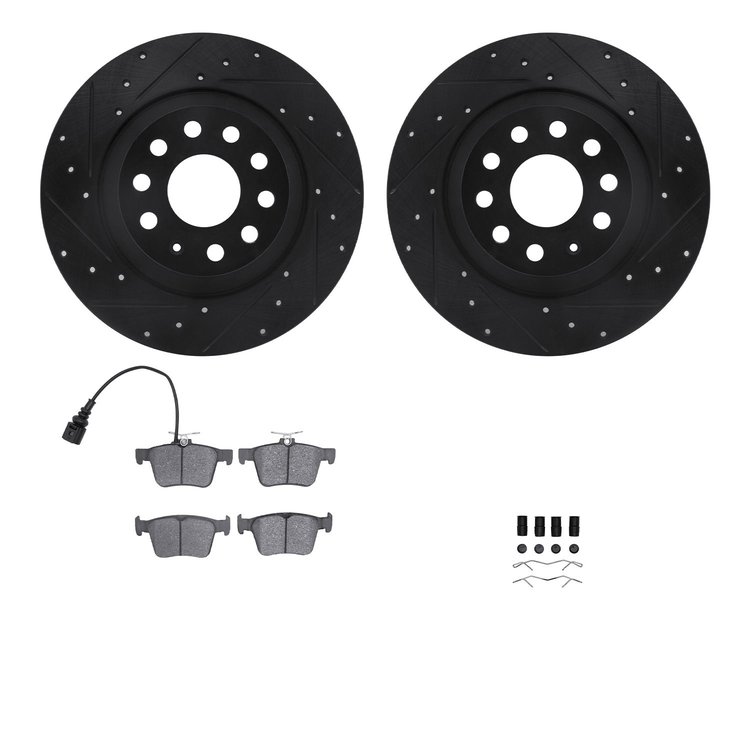 8312-73079 Drilled/Slotted Brake Rotors with 3000-Series Ceramic Brake Pads Kit & Hardware [Black], Fits Select Audi/Volkswagen,