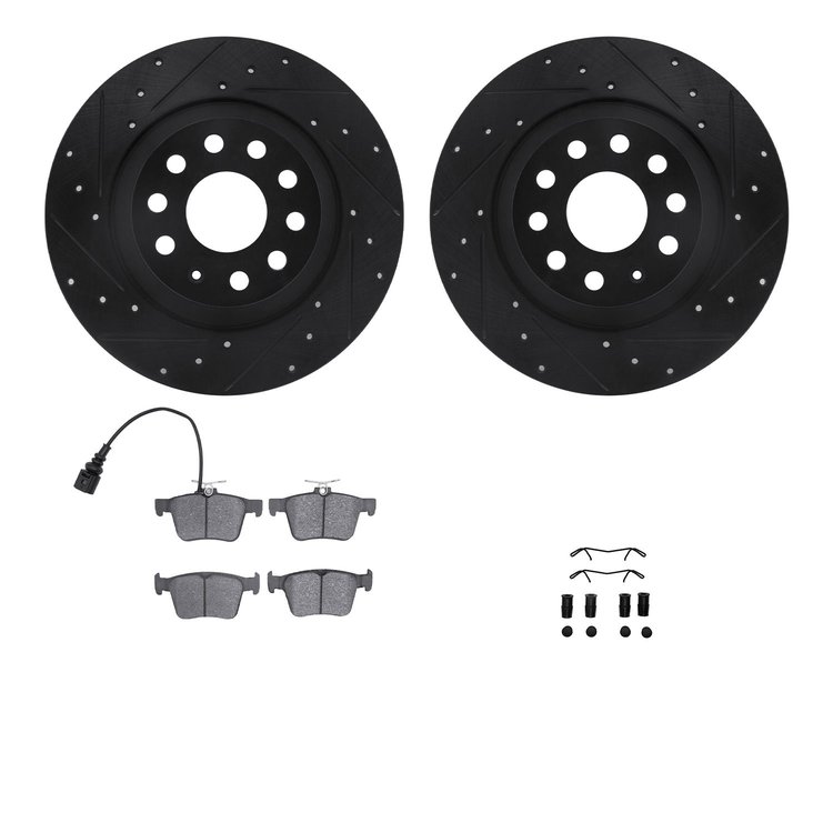 8312-73080 Drilled/Slotted Brake Rotors with 3000-Series Ceramic Brake Pads Kit & Hardware [Black], Fits Select Audi/Volkswagen,