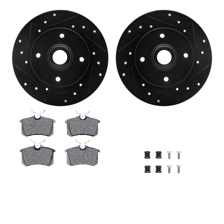 8312-74038 Drilled/Slotted Brake Rotors with 3000-Series Ceramic Brake Pads Kit & Hardware [Black], 1985-1998 Audi/Volkswagen, P
