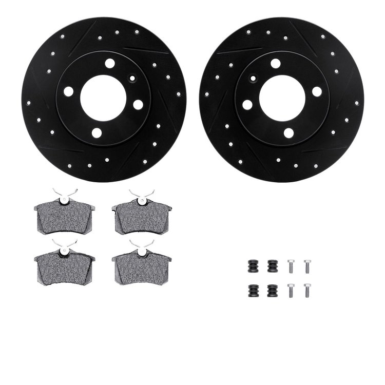 8312-74039 Drilled/Slotted Brake Rotors with 3000-Series Ceramic Brake Pads Kit & Hardware [Black], 1986-1988 Audi/Volkswagen, P