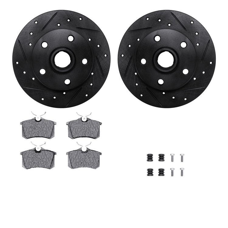8312-74040 Drilled/Slotted Brake Rotors with 3000-Series Ceramic Brake Pads Kit & Hardware [Black], 1994-1998 Audi/Volkswagen, P