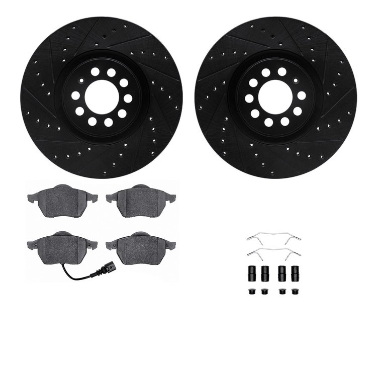 8312-74054 Drilled/Slotted Brake Rotors with 3000-Series Ceramic Brake Pads Kit & Hardware [Black], 2000-2006 Audi/Volkswagen, P