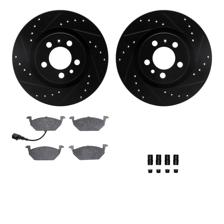 8312-74066 Drilled/Slotted Brake Rotors with 3000-Series Ceramic Brake Pads Kit & Hardware [Black], 1999-2010 Audi/Volkswagen, P