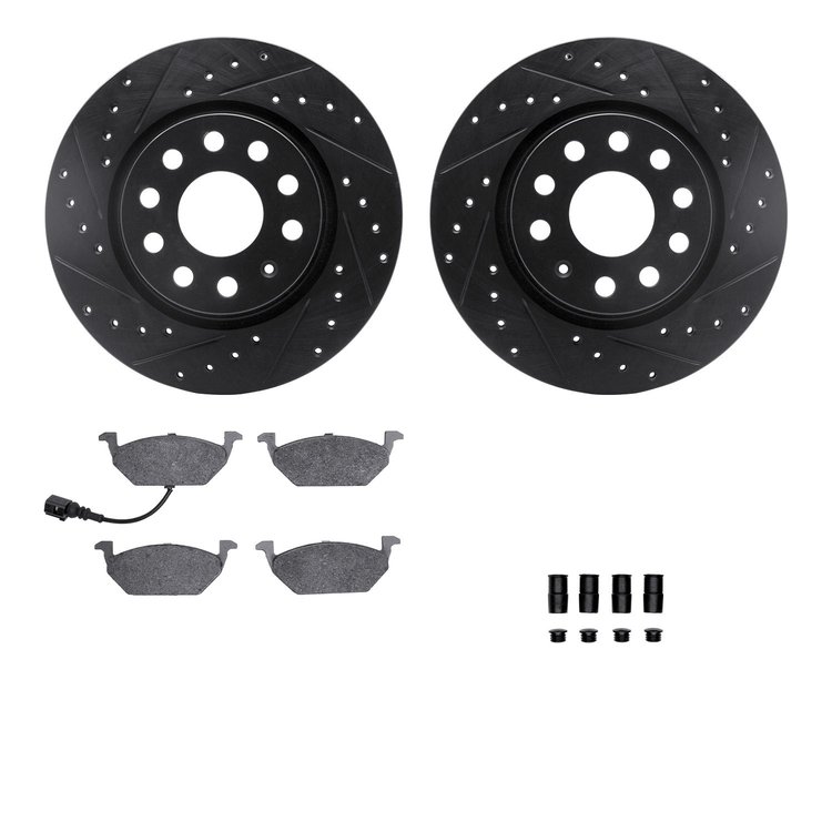 8312-74067 Drilled/Slotted Brake Rotors with 3000-Series Ceramic Brake Pads Kit & Hardware [Black], 2005-2010 Audi/Volkswagen, P