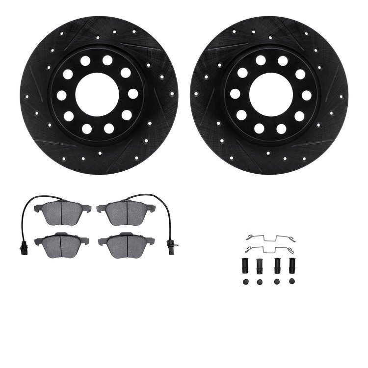 8312-74074 Drilled/Slotted Brake Rotors with 3000-Series Ceramic Brake Pads Kit & Hardware [Black], 2001-2003 Audi/Volkswagen, P