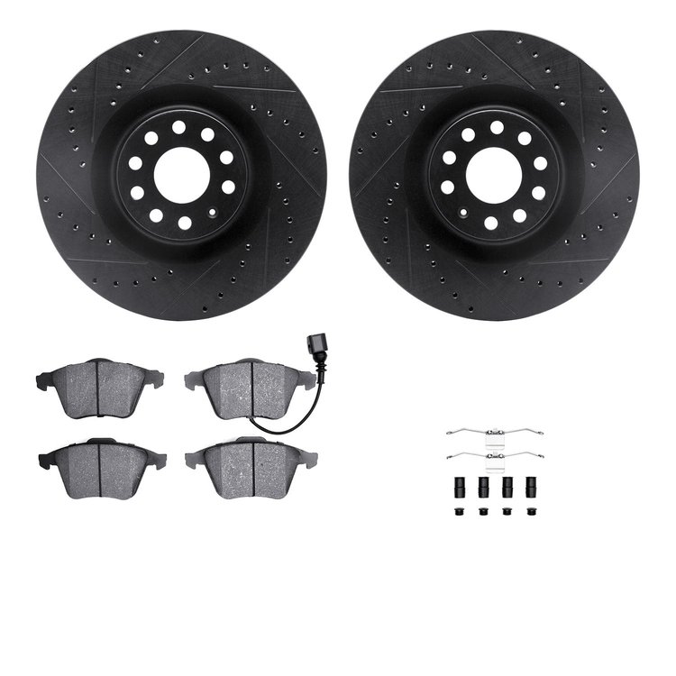 8312-74075 Drilled/Slotted Brake Rotors with 3000-Series Ceramic Brake Pads Kit & Hardware [Black], 2006-2011 Audi/Volkswagen, P