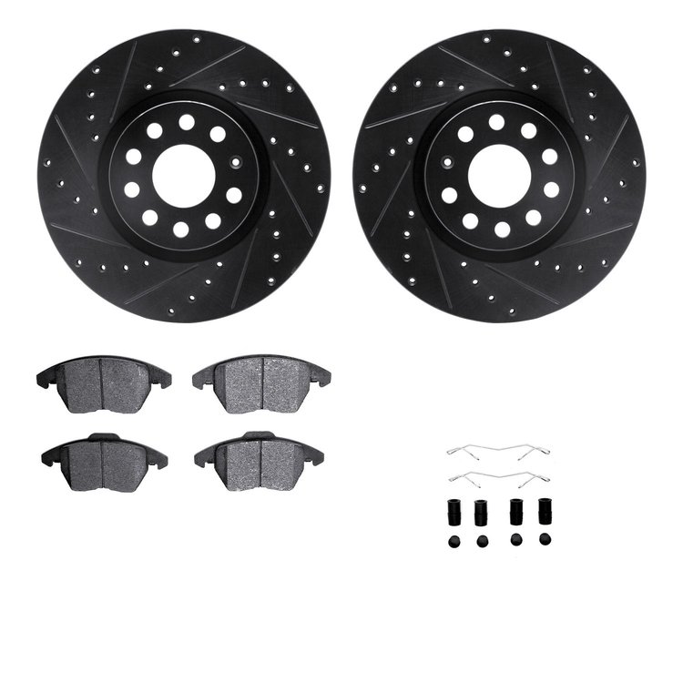8312-74080 Drilled/Slotted Brake Rotors with 3000-Series Ceramic Brake Pads Kit & Hardware [Black], 2005-2017 Audi/Volkswagen, P