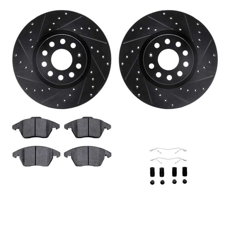 8312-74082 Drilled/Slotted Brake Rotors with 3000-Series Ceramic Brake Pads Kit & Hardware [Black], 2005-2018 Audi/Volkswagen, P