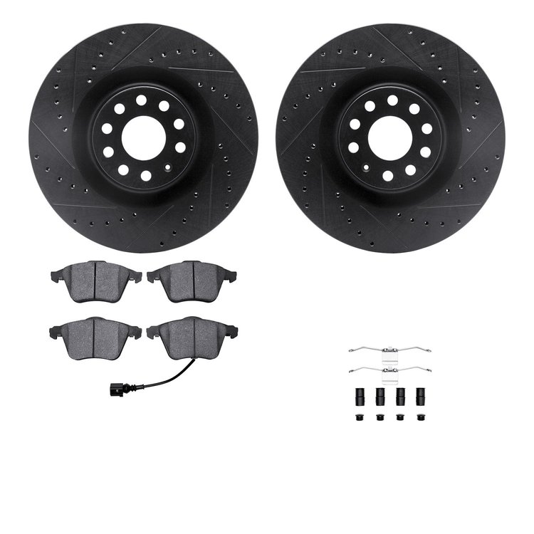 8312-74086 Drilled/Slotted Brake Rotors with 3000-Series Ceramic Brake Pads Kit & Hardware [Black], 2008-2013 Audi/Volkswagen, P