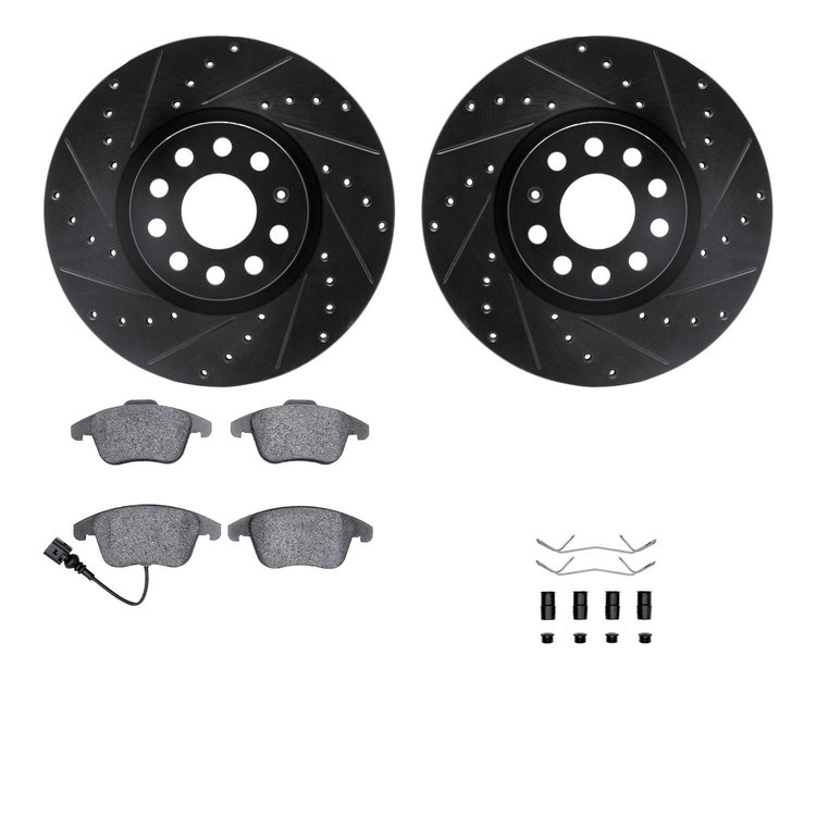 8312-74088 Drilled/Slotted Brake Rotors with 3000-Series Ceramic Brake Pads Kit & Hardware [Black], 2009-2020 Audi/Volkswagen, P