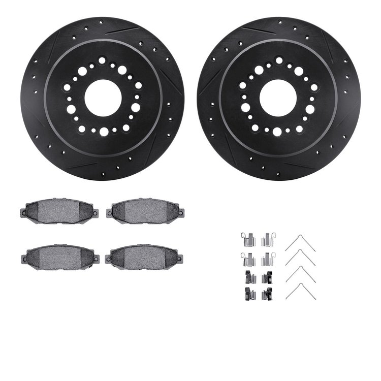 8312-75006 Drilled/Slotted Brake Rotors with 3000-Series Ceramic Brake Pads Kit & Hardware [Black], 1992-1998 Lexus/Toyota/Scion