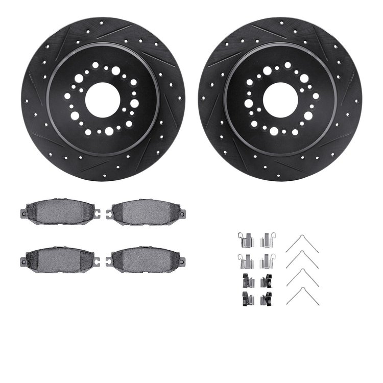 8312-75009 Drilled/Slotted Brake Rotors with 3000-Series Ceramic Brake Pads Kit & Hardware [Black], 1993-2000 Lexus/Toyota/Scion