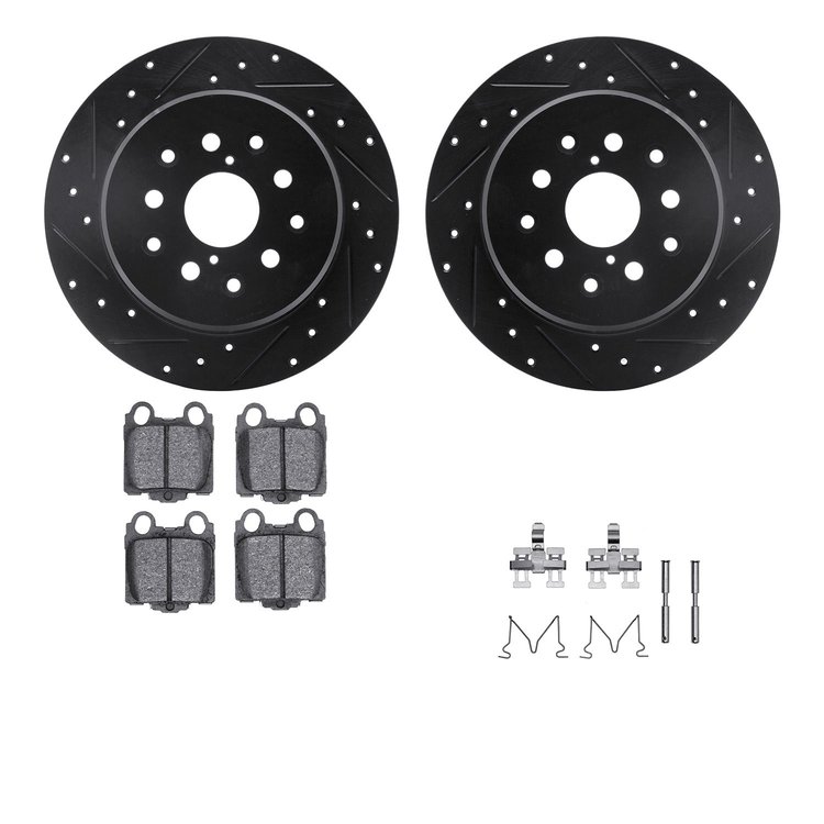 8312-75012 Drilled/Slotted Brake Rotors with 3000-Series Ceramic Brake Pads Kit & Hardware [Black], 1998-2010 Lexus/Toyota/Scion