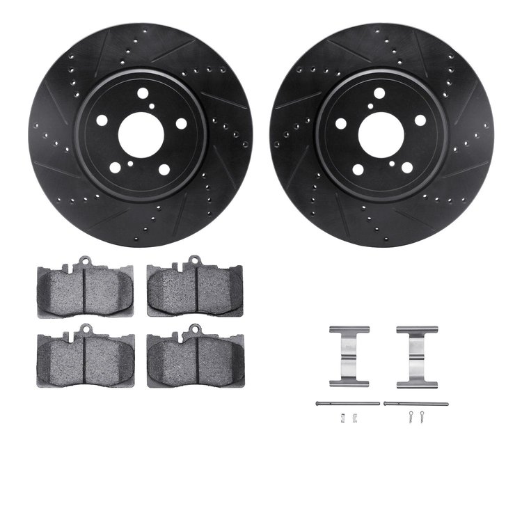 8312-75013 Drilled/Slotted Brake Rotors with 3000-Series Ceramic Brake Pads Kit & Hardware [Black], 2001-2006 Lexus/Toyota/Scion