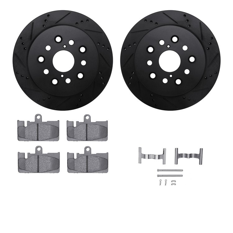 8312-75014 Drilled/Slotted Brake Rotors with 3000-Series Ceramic Brake Pads Kit & Hardware [Black], 2001-2006 Lexus/Toyota/Scion