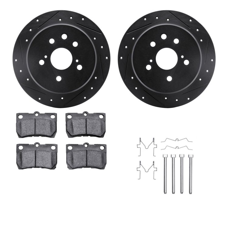 8312-75017 Drilled/Slotted Brake Rotors with 3000-Series Ceramic Brake Pads Kit & Hardware [Black], 2006-2013 Lexus/Toyota/Scion