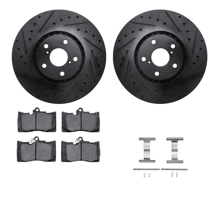 8312-75018 Drilled/Slotted Brake Rotors with 3000-Series Ceramic Brake Pads Kit & Hardware [Black], 2006-2020 Lexus/Toyota/Scion