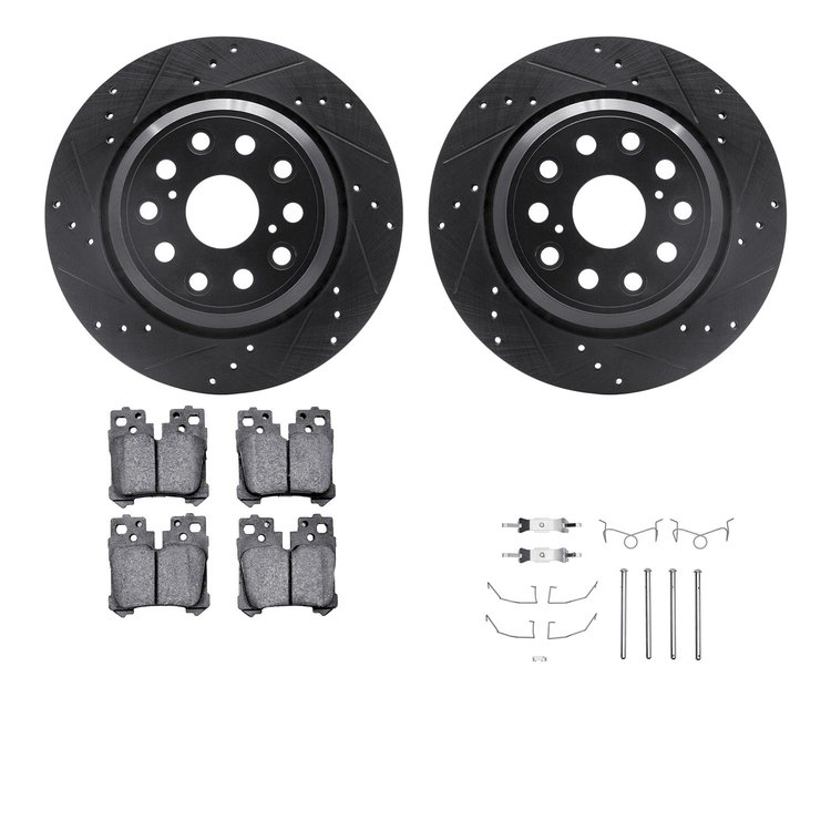 8312-75026 Drilled/Slotted Brake Rotors with 3000-Series Ceramic Brake Pads Kit & Hardware [Black], 2007-2017 Lexus/Toyota/Scion