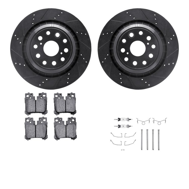 8312-75027 Drilled/Slotted Brake Rotors with 3000-Series Ceramic Brake Pads Kit & Hardware [Black], 2007-2021 Lexus/Toyota/Scion