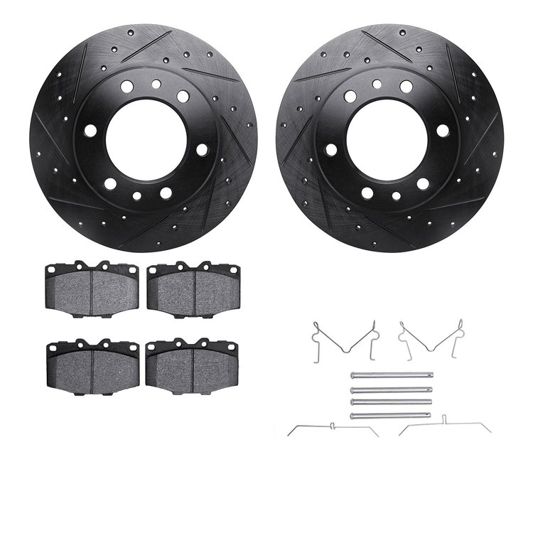 8312-76011 Drilled/Slotted Brake Rotors with 3000-Series Ceramic Brake Pads Kit & Hardware [Black], 1981-1985 Lexus/Toyota/Scion