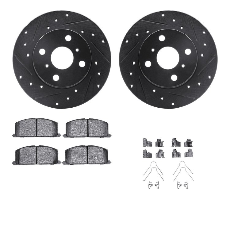 8312-76030 Drilled/Slotted Brake Rotors with 3000-Series Ceramic Brake Pads Kit & Hardware [Black], 1983-1990 Lexus/Toyota/Scion