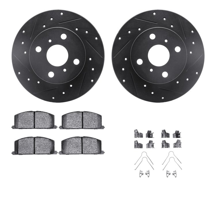 8312-76032 Drilled/Slotted Brake Rotors with 3000-Series Ceramic Brake Pads Kit & Hardware [Black], 1984-1988 Multiple Makes/Mod