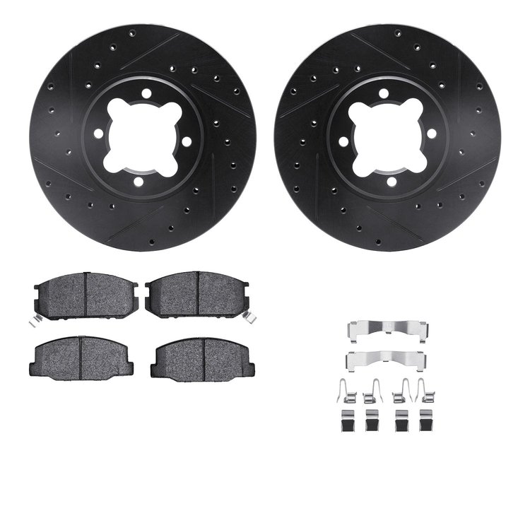 8312-76041 Drilled/Slotted Brake Rotors with 3000-Series Ceramic Brake Pads Kit & Hardware [Black], 1982-1985 Lexus/Toyota/Scion