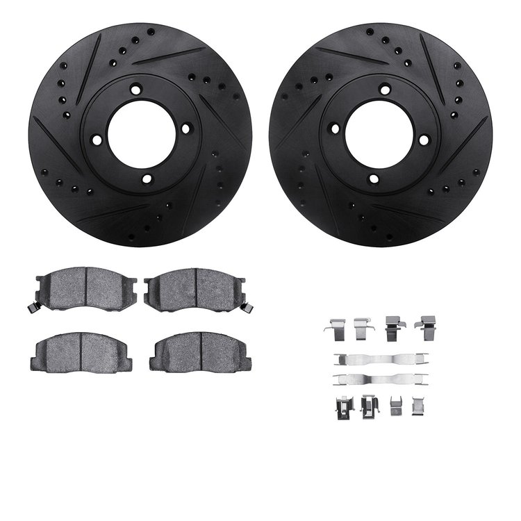 8312-76043 Drilled/Slotted Brake Rotors with 3000-Series Ceramic Brake Pads Kit & Hardware [Black], 1986-1989 Lexus/Toyota/Scion