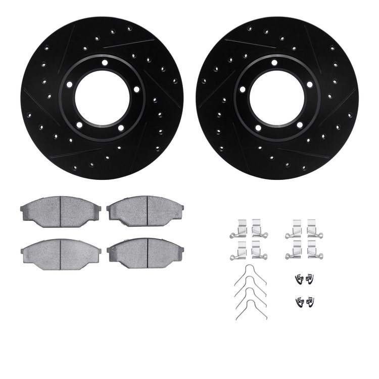 8312-76045 Drilled/Slotted Brake Rotors with 3000-Series Ceramic Brake Pads Kit & Hardware [Black], 1985-1992 Lexus/Toyota/Scion