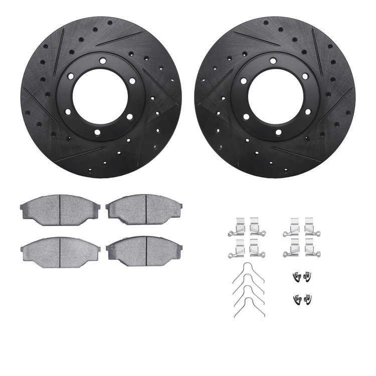 8312-76046 Drilled/Slotted Brake Rotors with 3000-Series Ceramic Brake Pads Kit & Hardware [Black], 1987-1988 Lexus/Toyota/Scion
