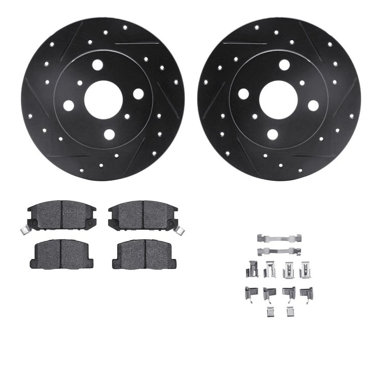 8312-76049 Drilled/Slotted Brake Rotors with 3000-Series Ceramic Brake Pads Kit & Hardware [Black], 1985-1986 Lexus/Toyota/Scion