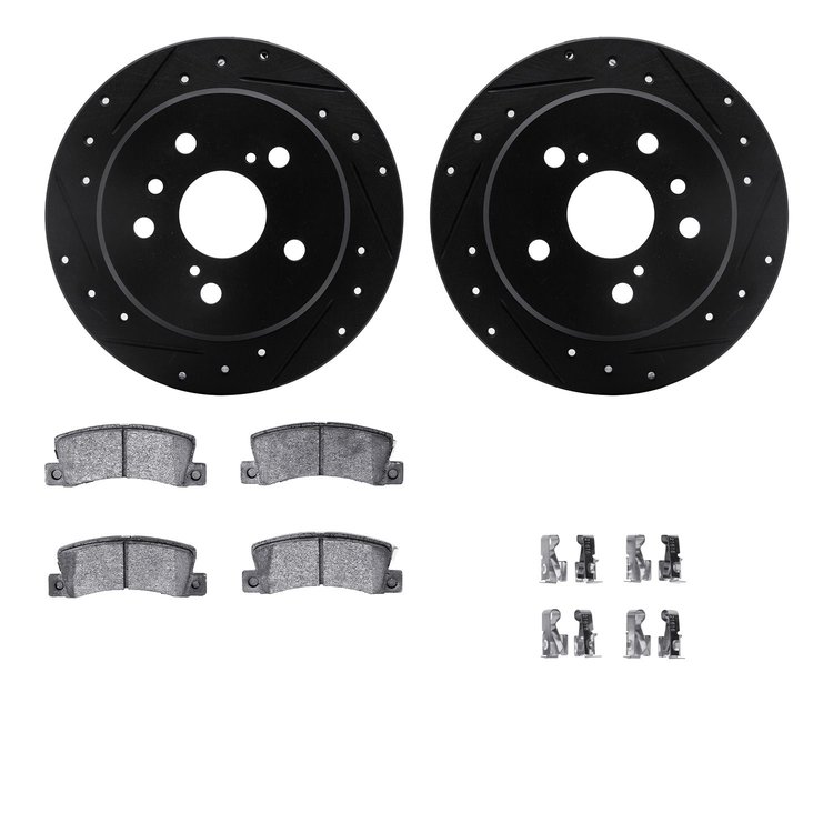 8312-76056 Drilled/Slotted Brake Rotors with 3000-Series Ceramic Brake Pads Kit & Hardware [Black], 1992-1996 Lexus/Toyota/Scion