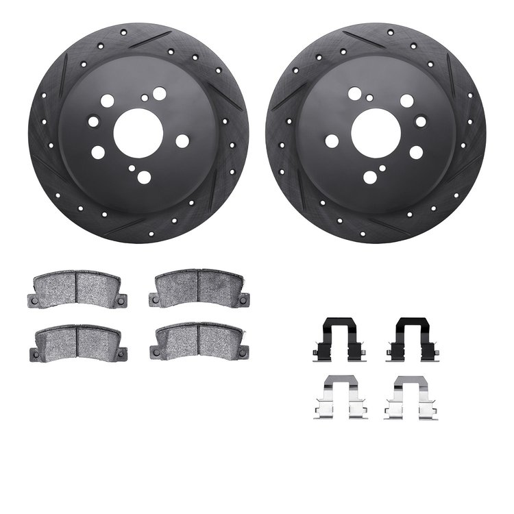 8312-76057 Drilled/Slotted Brake Rotors with 3000-Series Ceramic Brake Pads Kit & Hardware [Black], 1994-1995 Lexus/Toyota/Scion