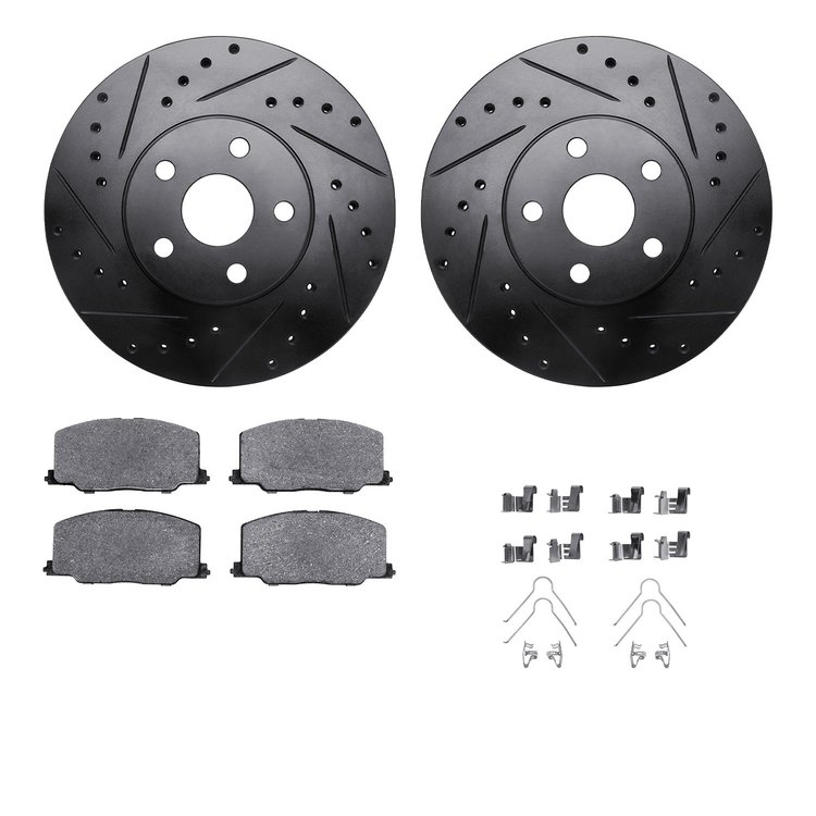 8312-76067 Drilled/Slotted Brake Rotors with 3000-Series Ceramic Brake Pads Kit & Hardware [Black], 1987-1991 Lexus/Toyota/Scion