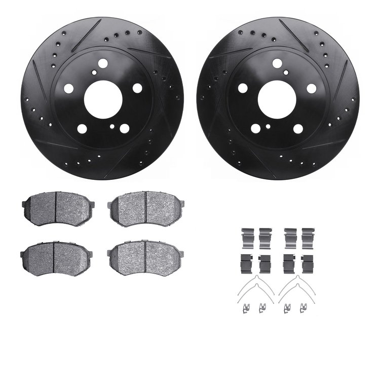 8312-76071 Drilled/Slotted Brake Rotors with 3000-Series Ceramic Brake Pads Kit & Hardware [Black], 1989-1992 Lexus/Toyota/Scion