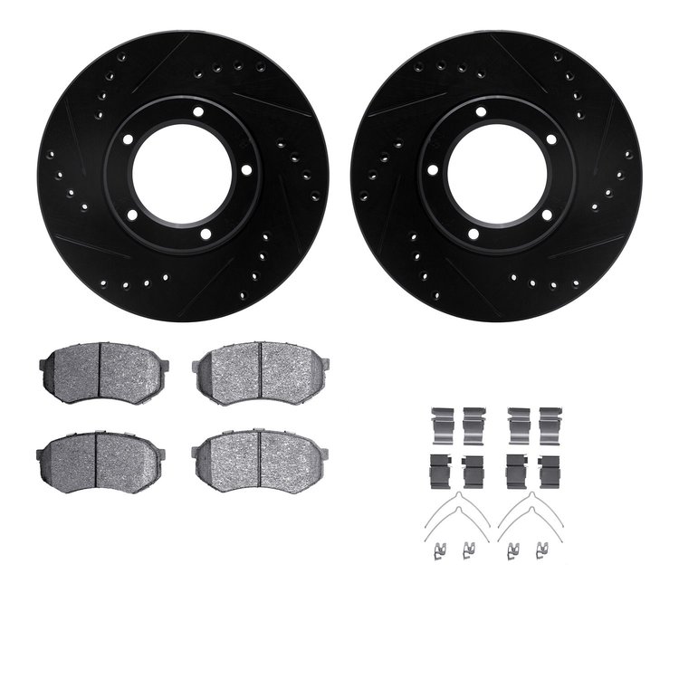 8312-76072 Drilled/Slotted Brake Rotors with 3000-Series Ceramic Brake Pads Kit & Hardware [Black], 1989-1995 Lexus/Toyota/Scion