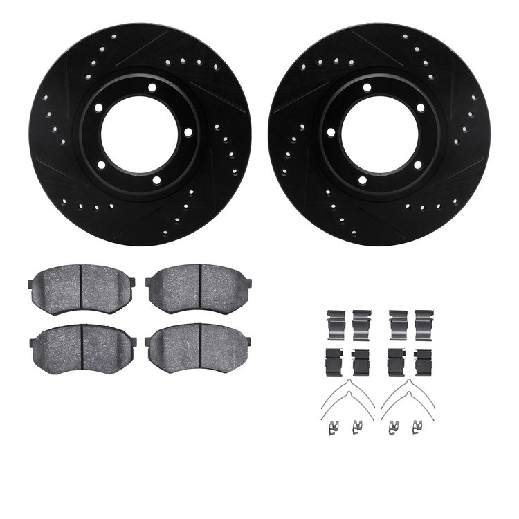 8312-76074 Drilled/Slotted Brake Rotors with 3000-Series Ceramic Brake Pads Kit & Hardware [Black], 1995-2004 Lexus/Toyota/Scion