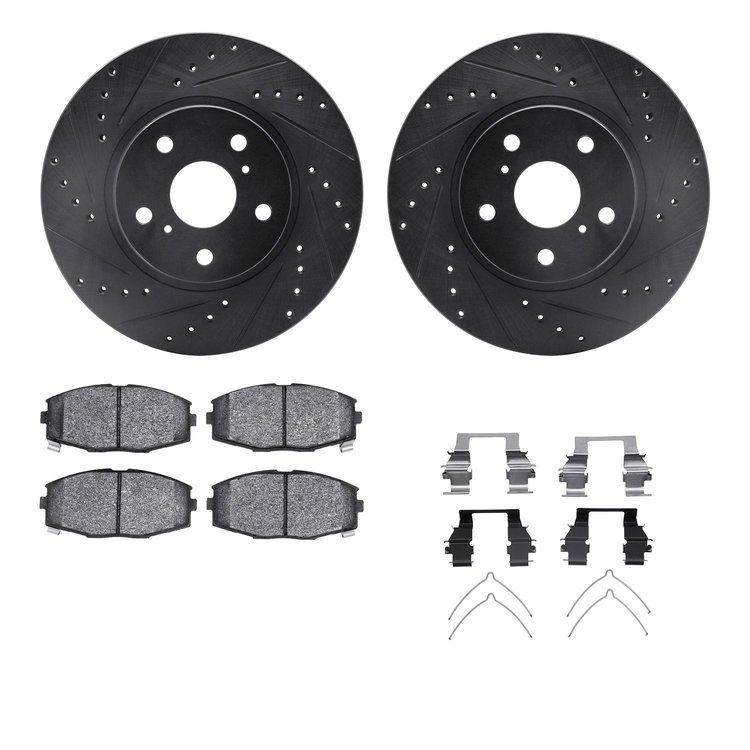 8312-76075 Drilled/Slotted Brake Rotors with 3000-Series Ceramic Brake Pads Kit & Hardware [Black], 1986-1992 Lexus/Toyota/Scion