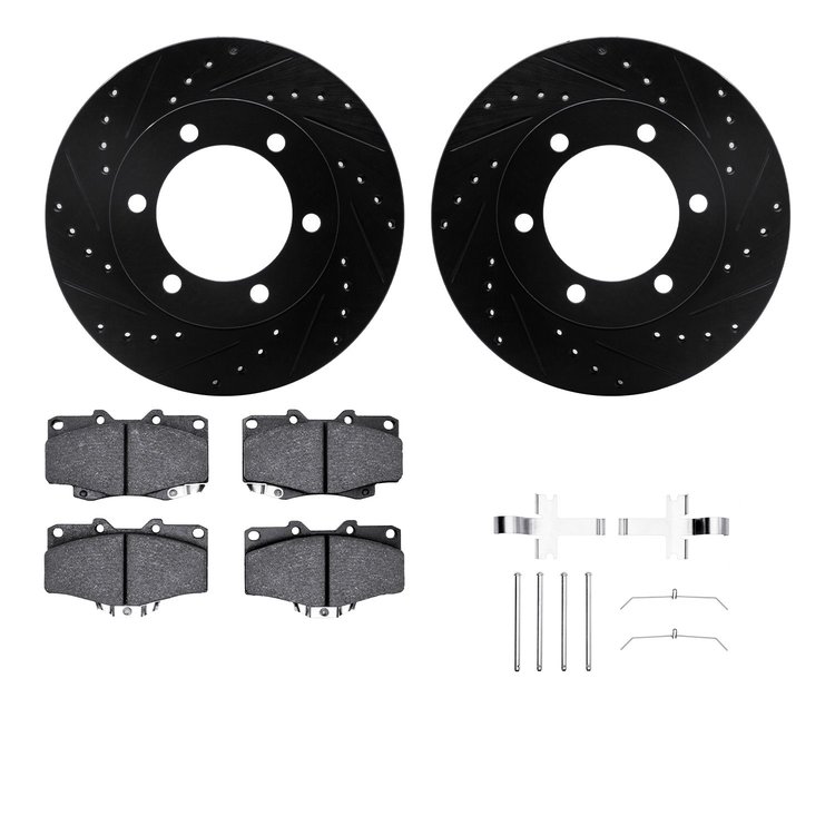 8312-76076 Drilled/Slotted Brake Rotors with 3000-Series Ceramic Brake Pads Kit & Hardware [Black], 1995-2004 Lexus/Toyota/Scion