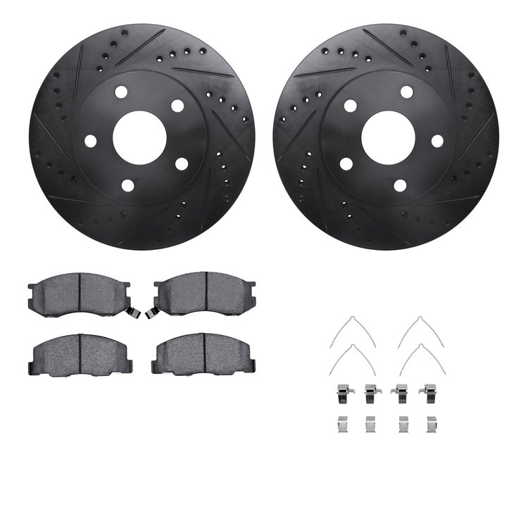 8312-76089 Drilled/Slotted Brake Rotors with 3000-Series Ceramic Brake Pads Kit & Hardware [Black], 1991-1997 Lexus/Toyota/Scion