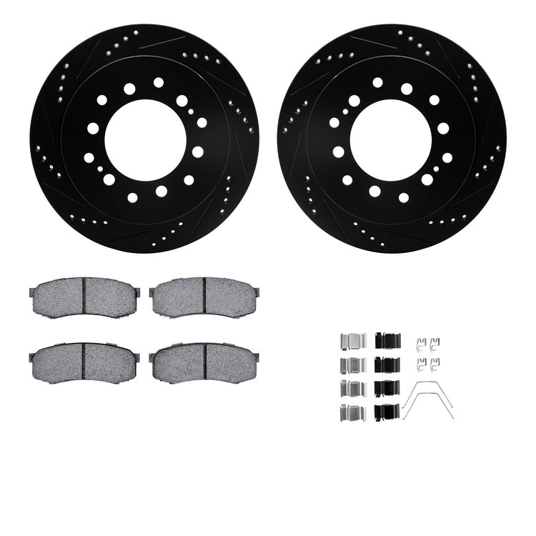 8312-76099 Drilled/Slotted Brake Rotors with 3000-Series Ceramic Brake Pads Kit & Hardware [Black], 2001-2009 Lexus/Toyota/Scion