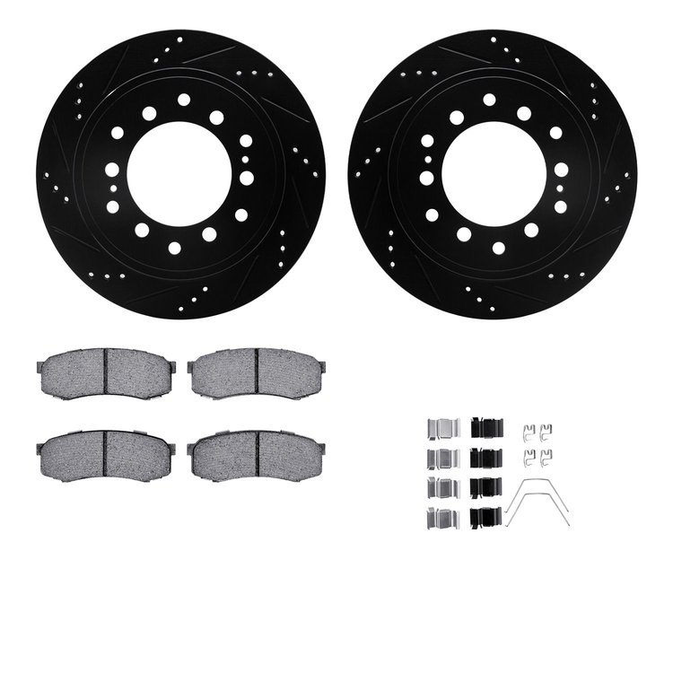 8312-76100 Drilled/Slotted Brake Rotors with 3000-Series Ceramic Brake Pads Kit & Hardware [Black], Fits Select Lexus/Toyota/Sci