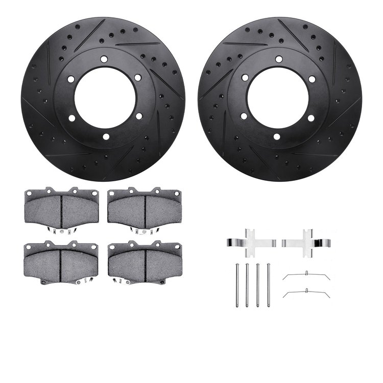 8312-76102 Drilled/Slotted Brake Rotors with 3000-Series Ceramic Brake Pads Kit & Hardware [Black], 1991-1998 Lexus/Toyota/Scion